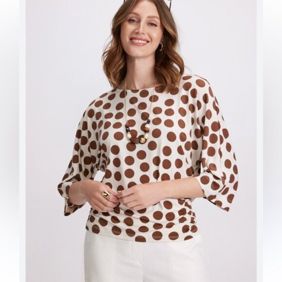 Laura Boat Neck Polka Dot Top Dolman Sleeve Ruched Sides Brown Cream - Picture 1 of 9